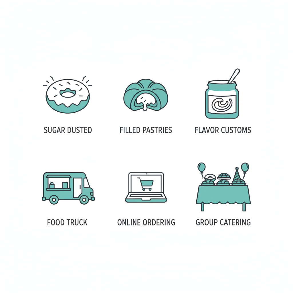 Grid of icons depicting Onoh's Malasada Co catering services: sugar-dusted malasadas, filled varieties, flavor customizations, food truck delivery, online ordering, and group setups.
