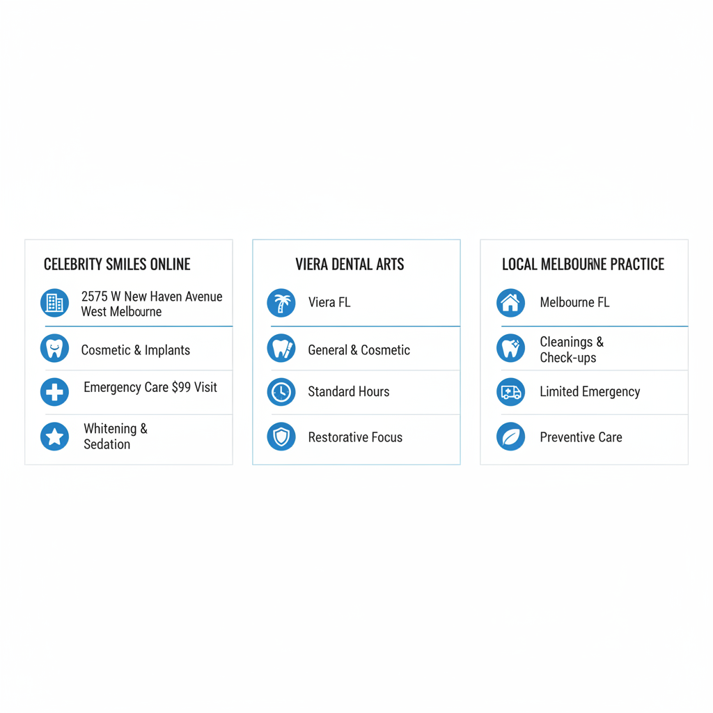 Infographic comparing dental practices in Melbourne Florida with icons for services locations and specialties