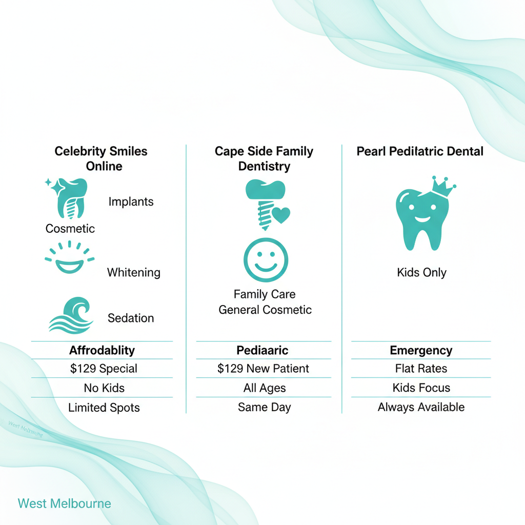 Comparison chart of dental services in West Melbourne, highlighting Celebrity Smiles, Cape Side Family Dentistry, and Pearl Pediatric Dental.