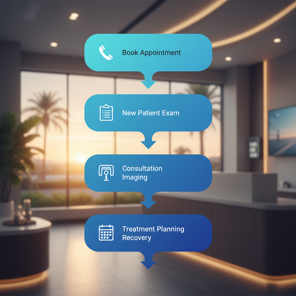 Dental appointment process flowchart featuring steps: booking, new patient exam, consultation imaging, and treatment planning recovery in a modern office.
