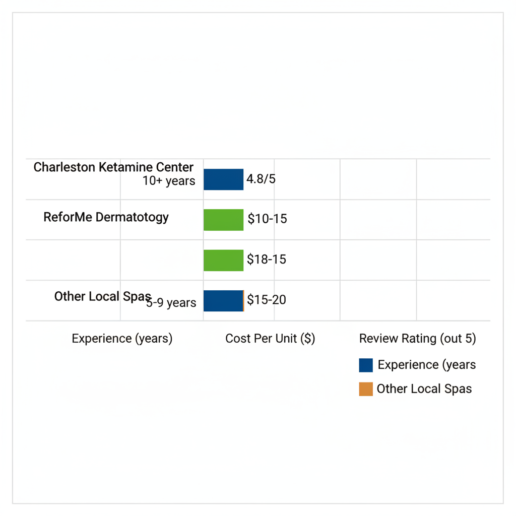Horizontal bar chart comparing top Botox providers in Charleston by experience, cost, and review ratings based on patient reviews