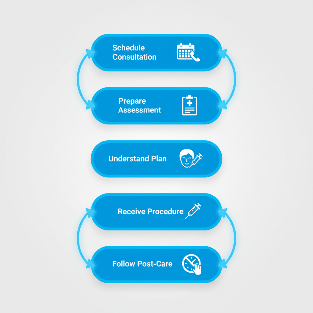 Vertical process flow illustrating five steps to secure Botox treatment: scheduling consultation, preparing assessment, understanding plan, receiving procedure, and following post-care.