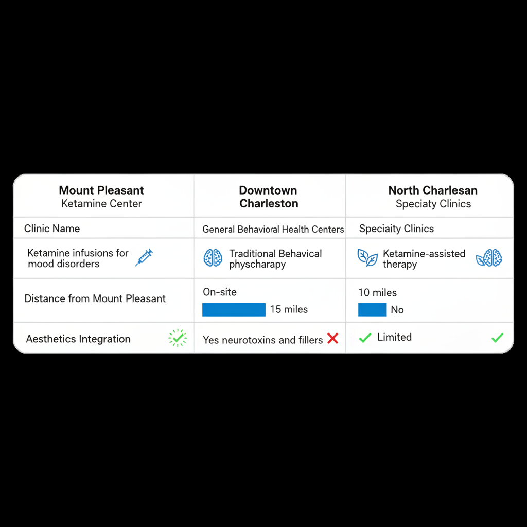 Horizontal comparison chart of ketamine therapy options in Charleston areas, showing locations, clinics, services, distances, and aesthetics integration.