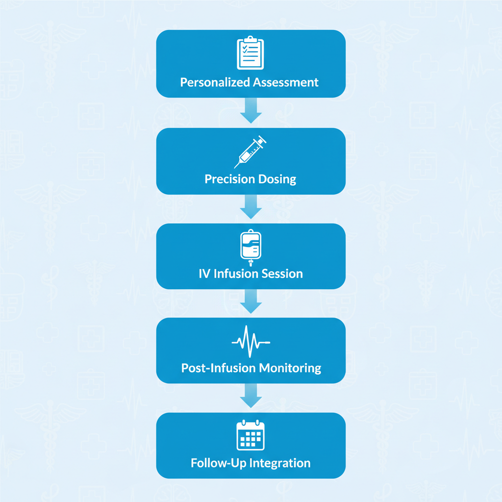 Vertical process flow diagram illustrating the five stages of ketamine infusion therapy at Charleston Ketamine Center