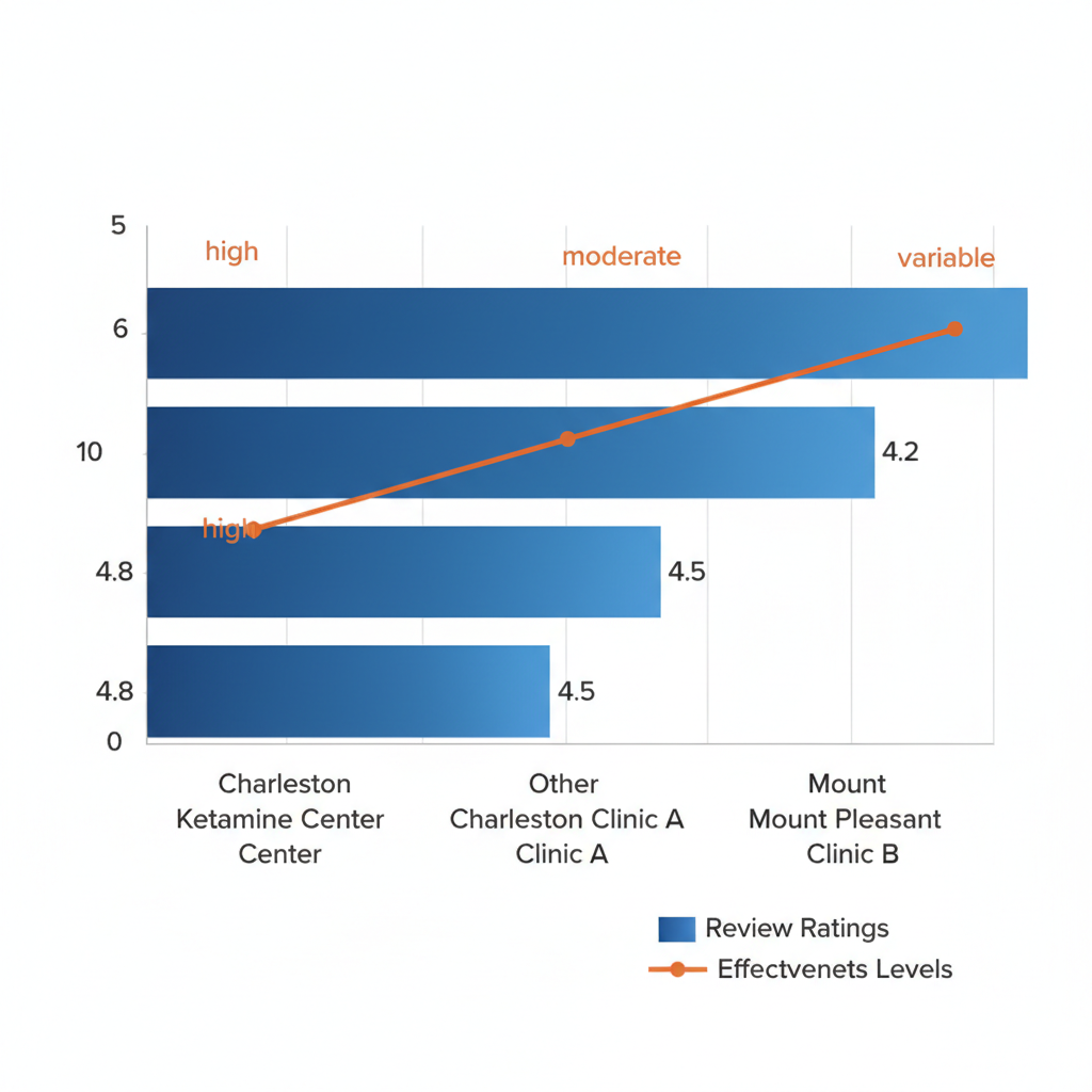 Bar chart comparing review ratings and effectiveness of ketamine clinics in Charleston