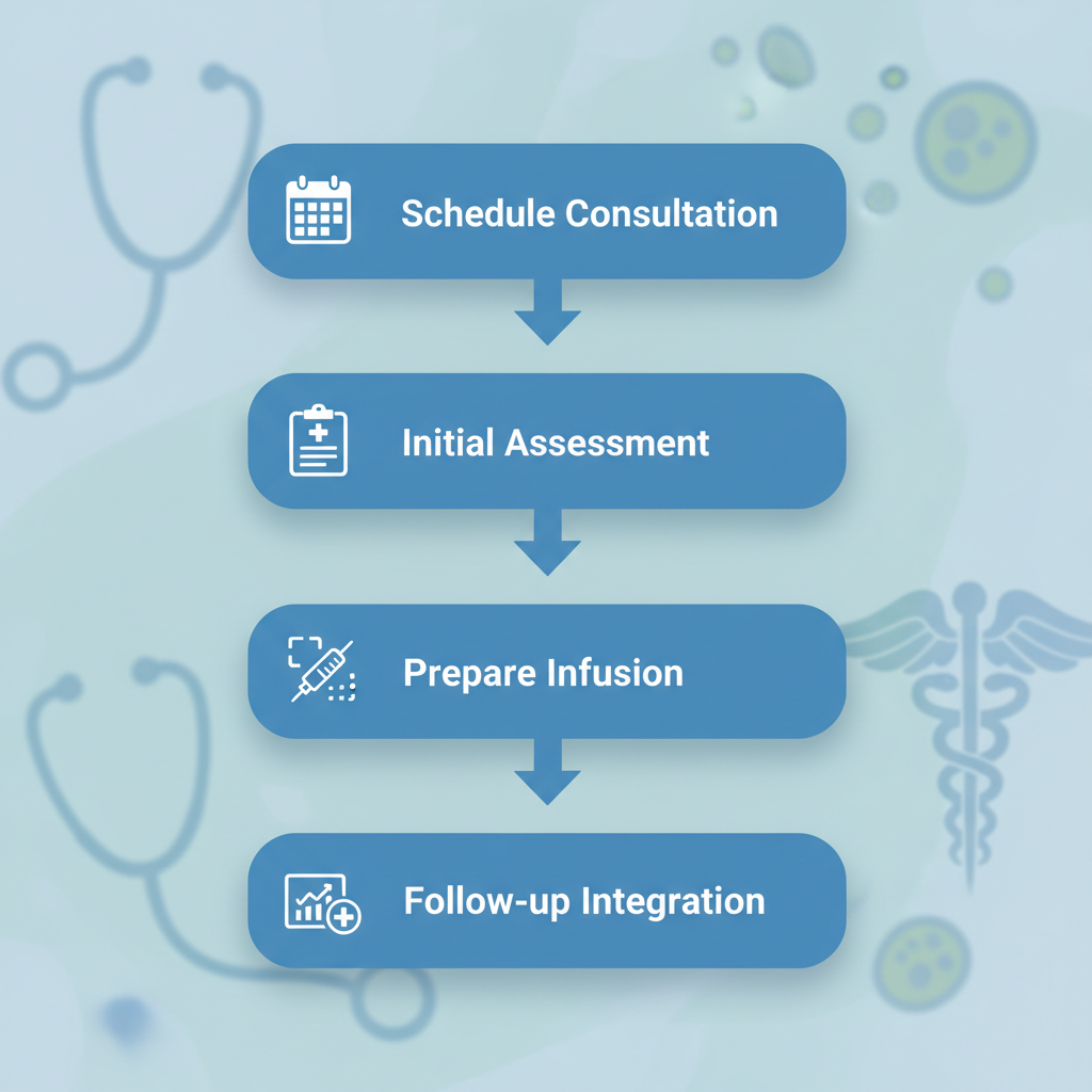 Vertical process flow diagram illustrating the four steps to start ketamine treatment: scheduling consultation, initial assessment, preparing infusion, and follow-up integration.