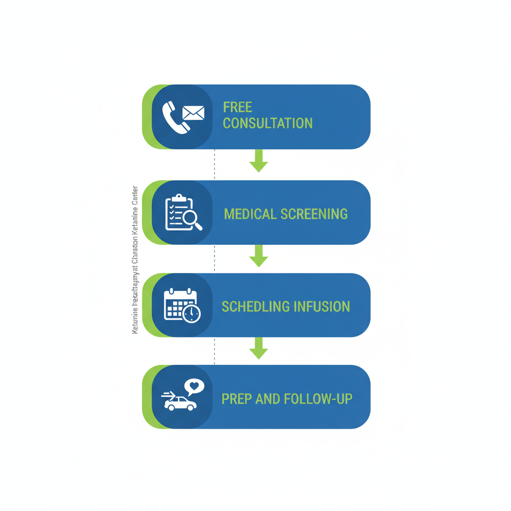 Vertical process flow diagram illustrating the four key steps to begin ketamine treatment: free consultation, medical screening, scheduling infusion, and preparation with follow-up.