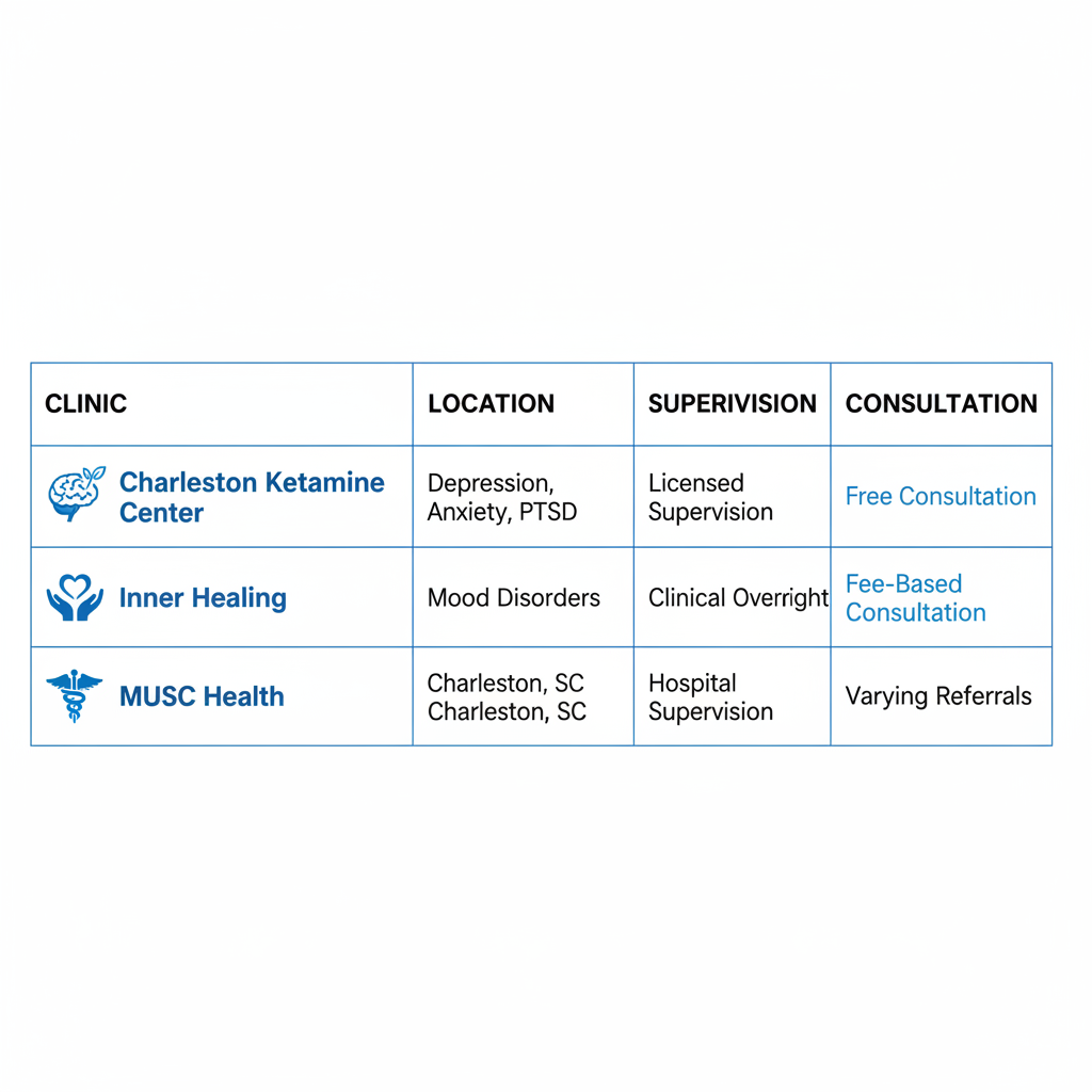 Infographic table comparing three ketamine therapy clinics in Charleston area by location specialties supervision and consultation options.