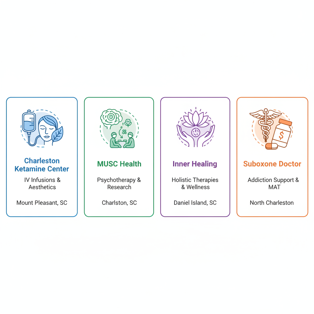 Infographic comparing four key ketamine clinics in Charleston with services, locations, and specialties.