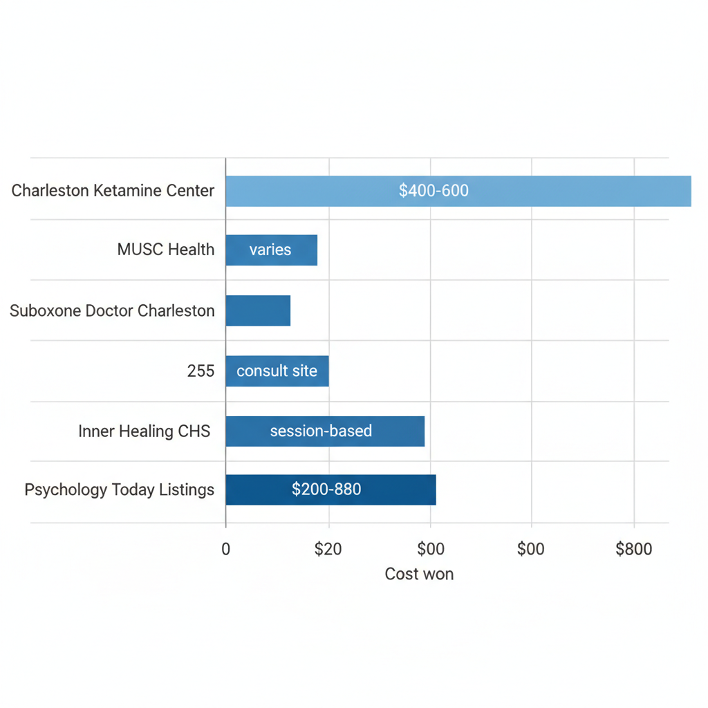 Horizontal bar chart comparing estimated ketamine infusion costs at Charleston area clinics, ranging from $0 to $800.