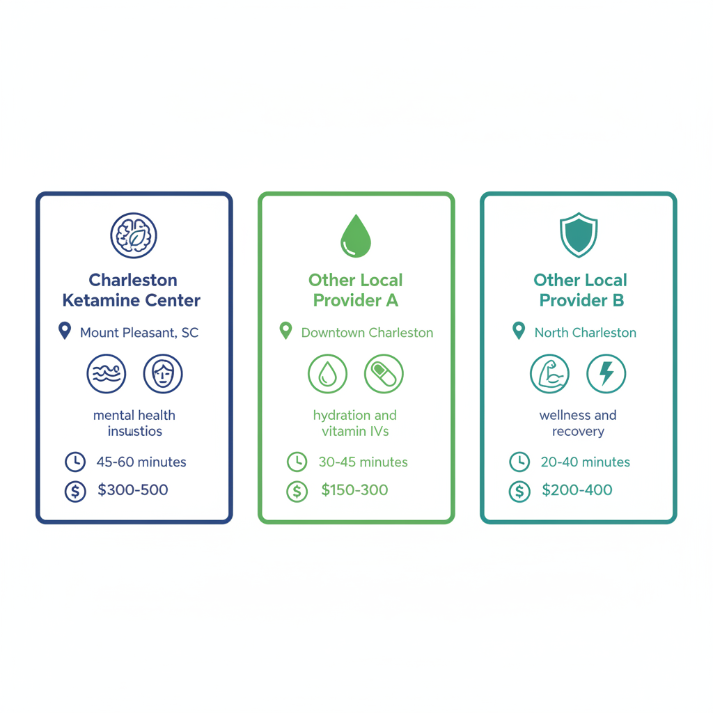 Infographic comparing IV therapy providers in the Charleston area, showing three clinics with locations, specialties, durations, and costs.