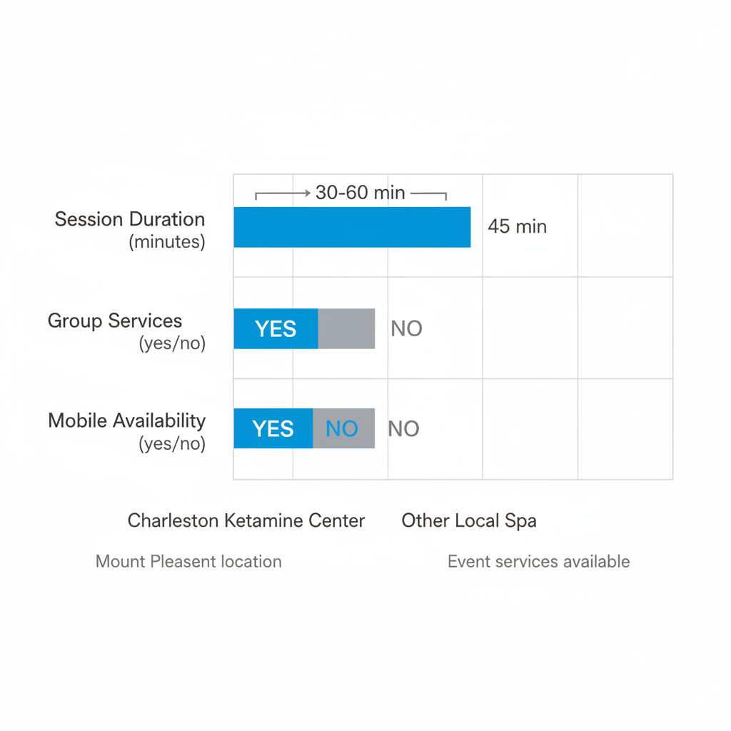 Horizontal bar chart comparing IV therapy providers in the Charleston area, highlighting session durations, group services, and mobile availability.