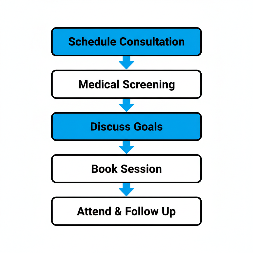 Vertical process flow diagram illustrating the five steps to begin IV therapy: schedule free consultation, complete medical screening, discuss treatment goals, book clinic or mobile session, and attend session with follow up.