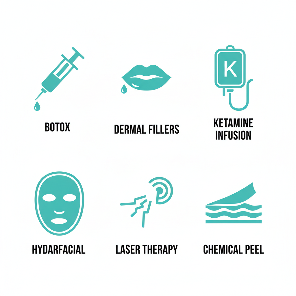 Grid of six icons representing popular med spa treatments in Charleston: Botox, dermal fillers, ketamine infusion, HydraFacial, laser therapy, and chemical peel.