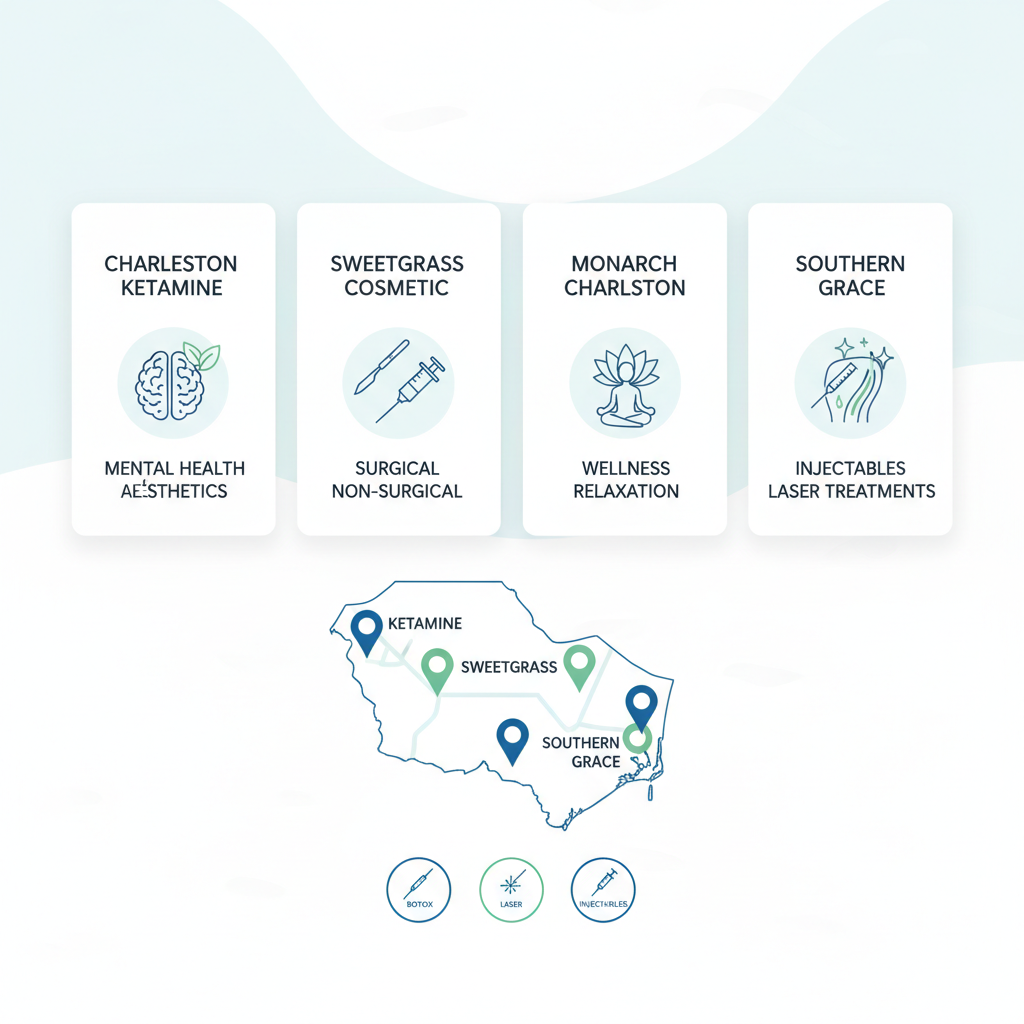 Infographic grid comparing four top med spas in Charleston, SC, with service icons and location map