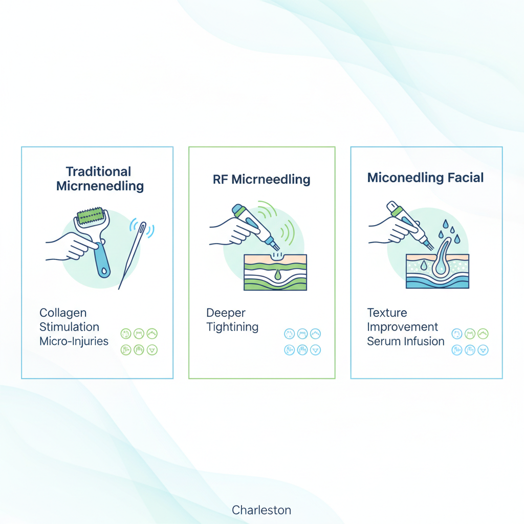 Infographic showing three types of microneedling treatments: traditional, RF, and facial variants with icons for face, neck, and hands.
