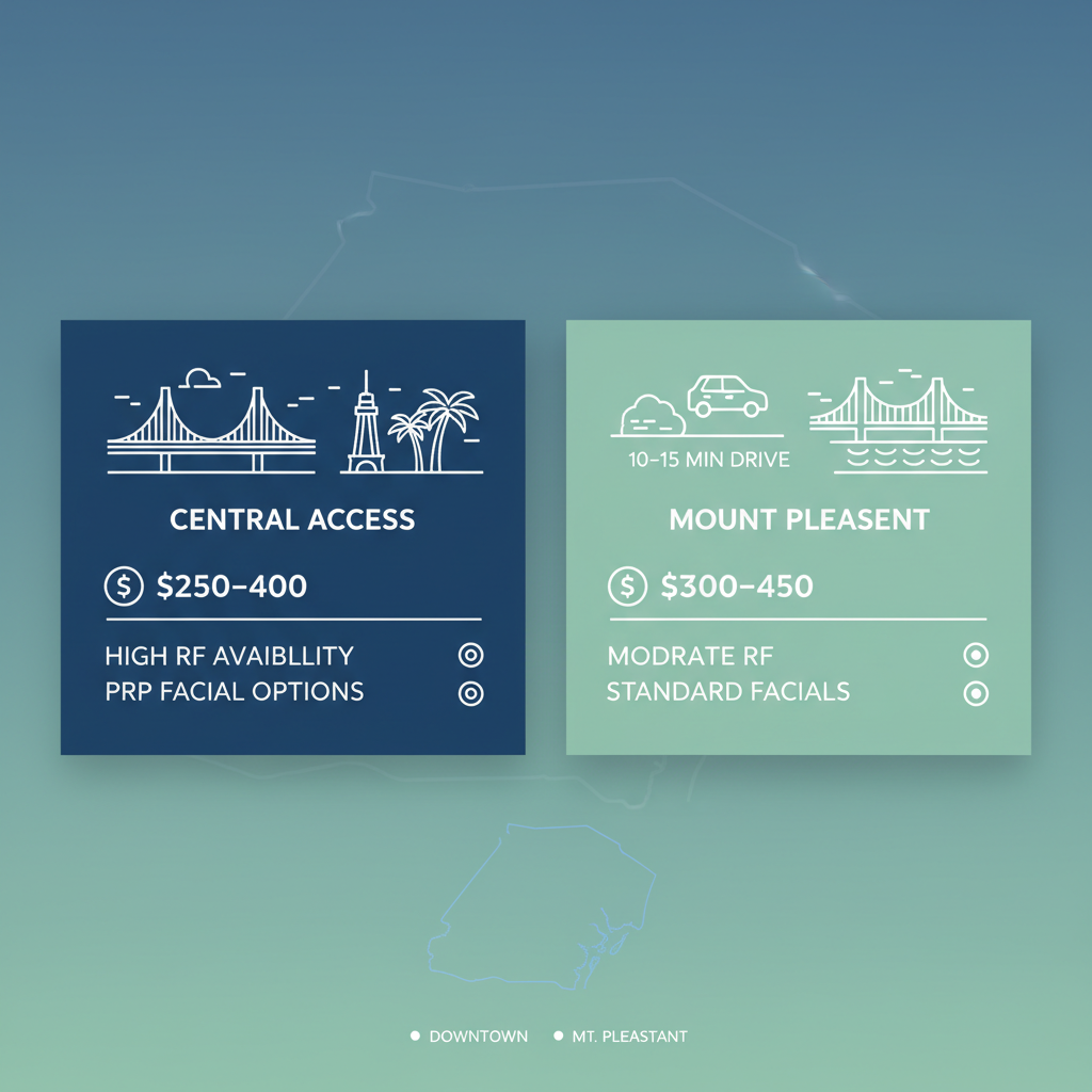 Infographic comparing microneedling services, costs, and features in Downtown Charleston and Mount Pleasant neighborhoods