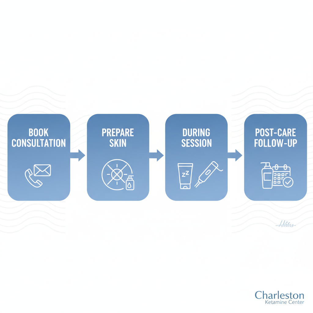 Horizontal process flow diagram showing four steps to start microneedling treatment: booking consultation, preparation, during session, and post-care.