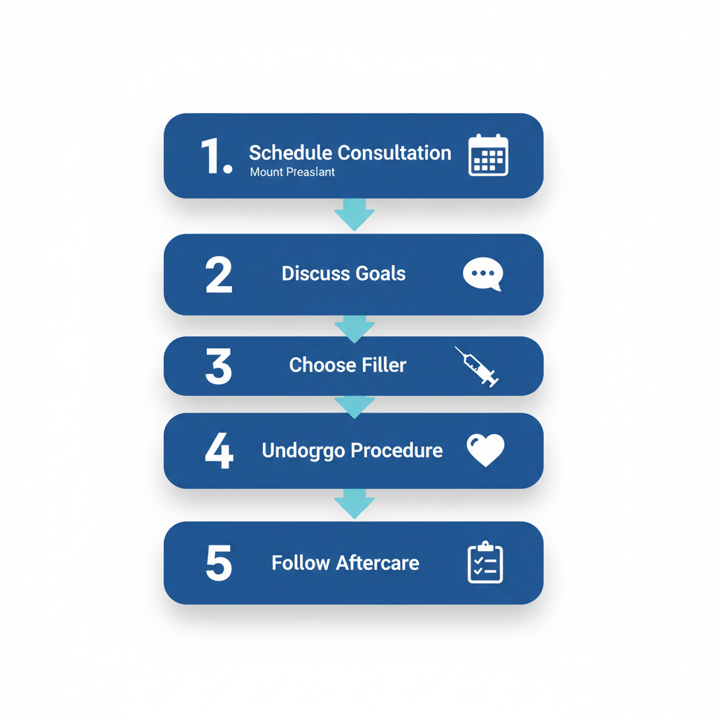 Vertical process flow diagram of five steps for lip filler treatments in Mount Pleasant, including consultation, goal discussion, filler selection, procedure, and aftercare.