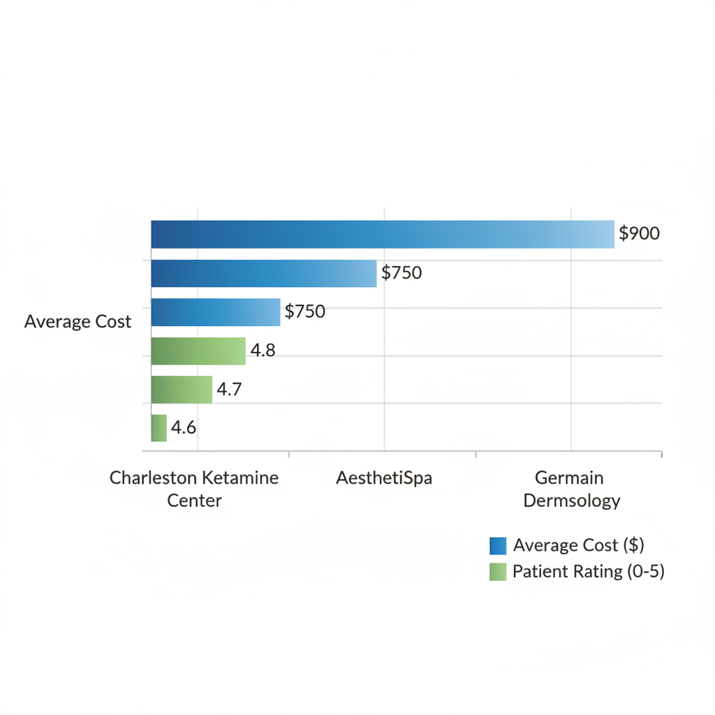 Horizontal bar chart comparing average costs and patient ratings for lip injections at top Mount Pleasant clinics: Charleston Ketamine Center, AesthetiSpa, and Germain Dermatology.