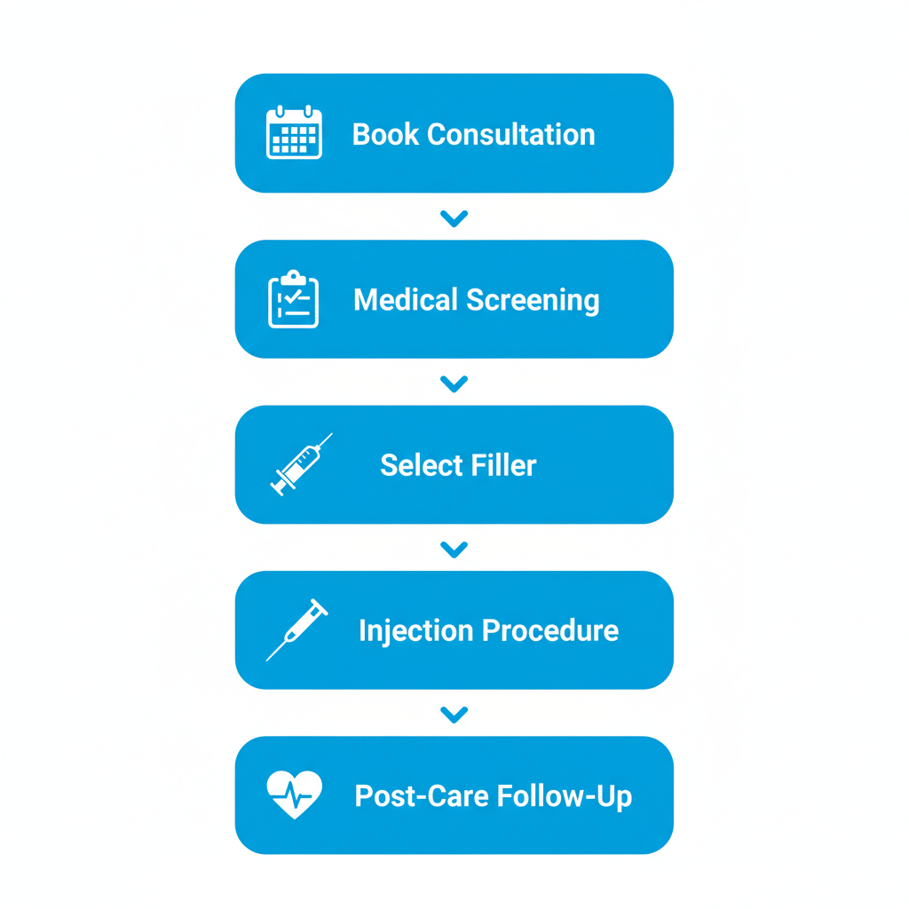 Vertical process flow diagram illustrating the five steps for getting dermal filler injections, including consultation, screening, filler selection, procedure, and post-care.