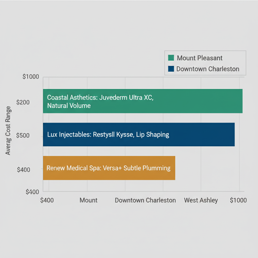 Horizontal bar chart comparing lip filler costs in Mount Pleasant, Downtown Charleston, and West Ashley neighborhoods