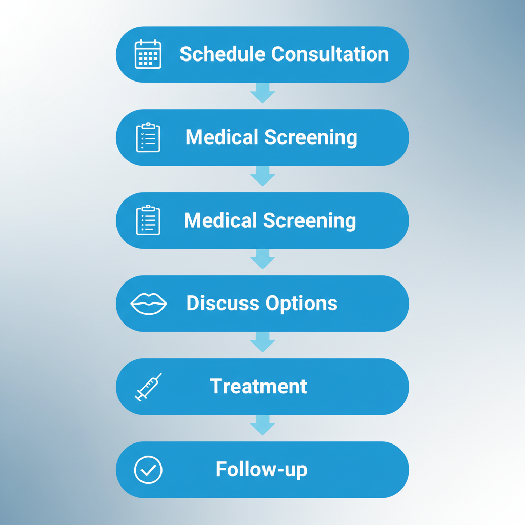 Vertical process flow diagram showing five steps for lip enhancement journey: schedule consultation, medical screening, discuss options, treatment, and follow-up with icons and arrows.