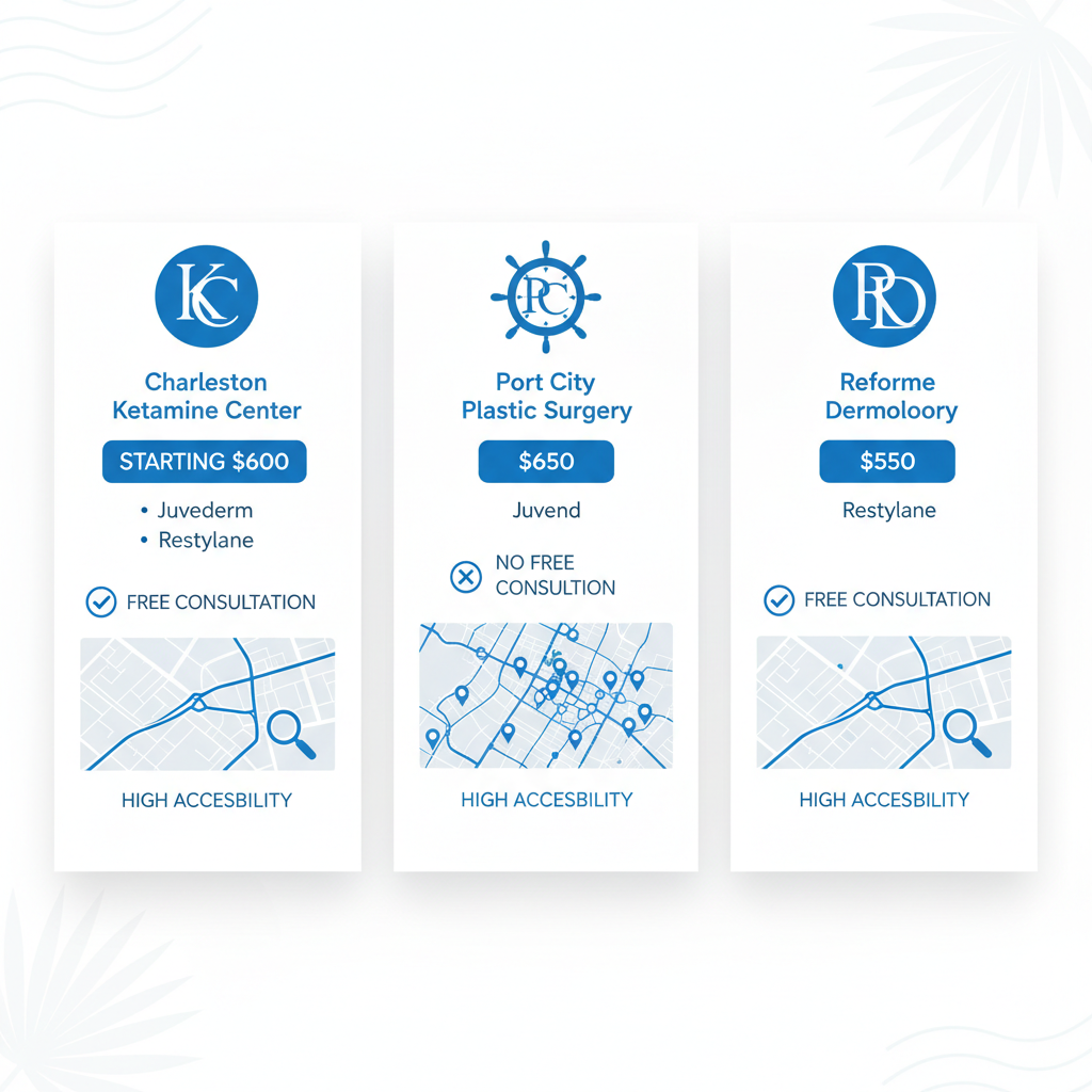 Infographic comparing lip filler providers in Charleston area including costs, fillers, consultations, and accessibility.
