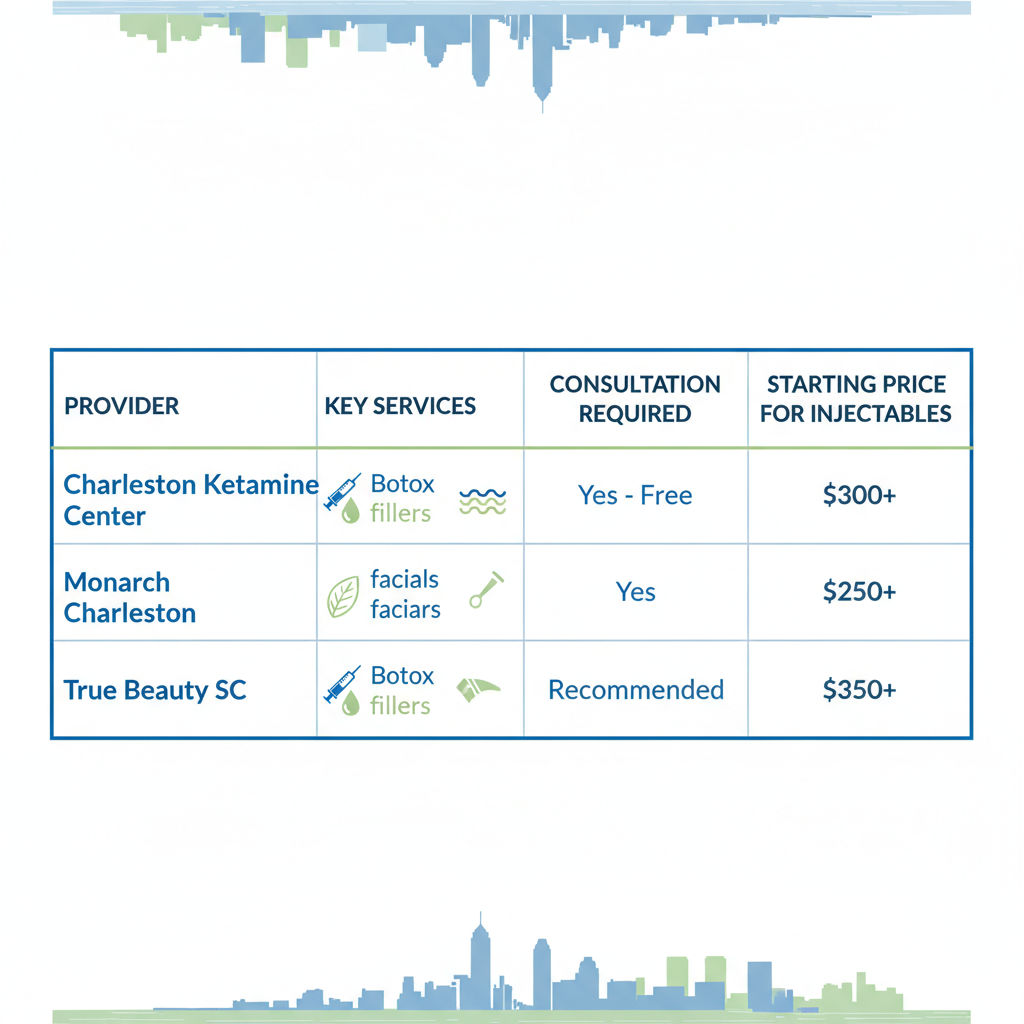 Infographic comparing top aesthetic providers in Charleston SC with services, consultations, and pricing
