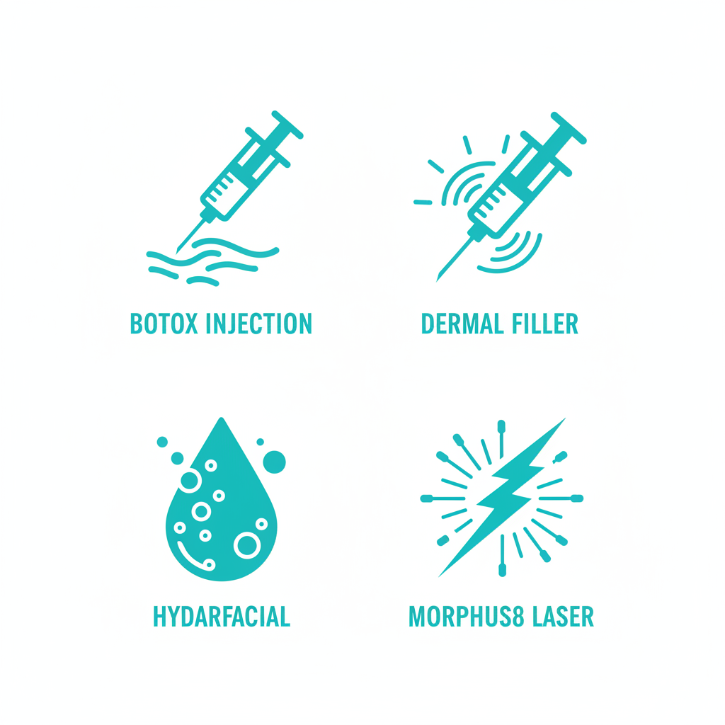 Grid of four icons depicting Botox injections, dermal fillers, HydraFacial, and Morpheus8 aesthetic treatments