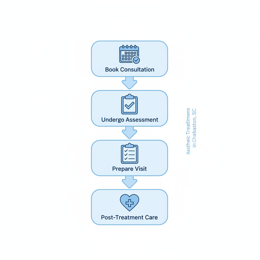 Vertical process flow diagram illustrating four steps to start aesthetic treatments: book consultation, undergo assessment, prepare for visit, and post-treatment care.