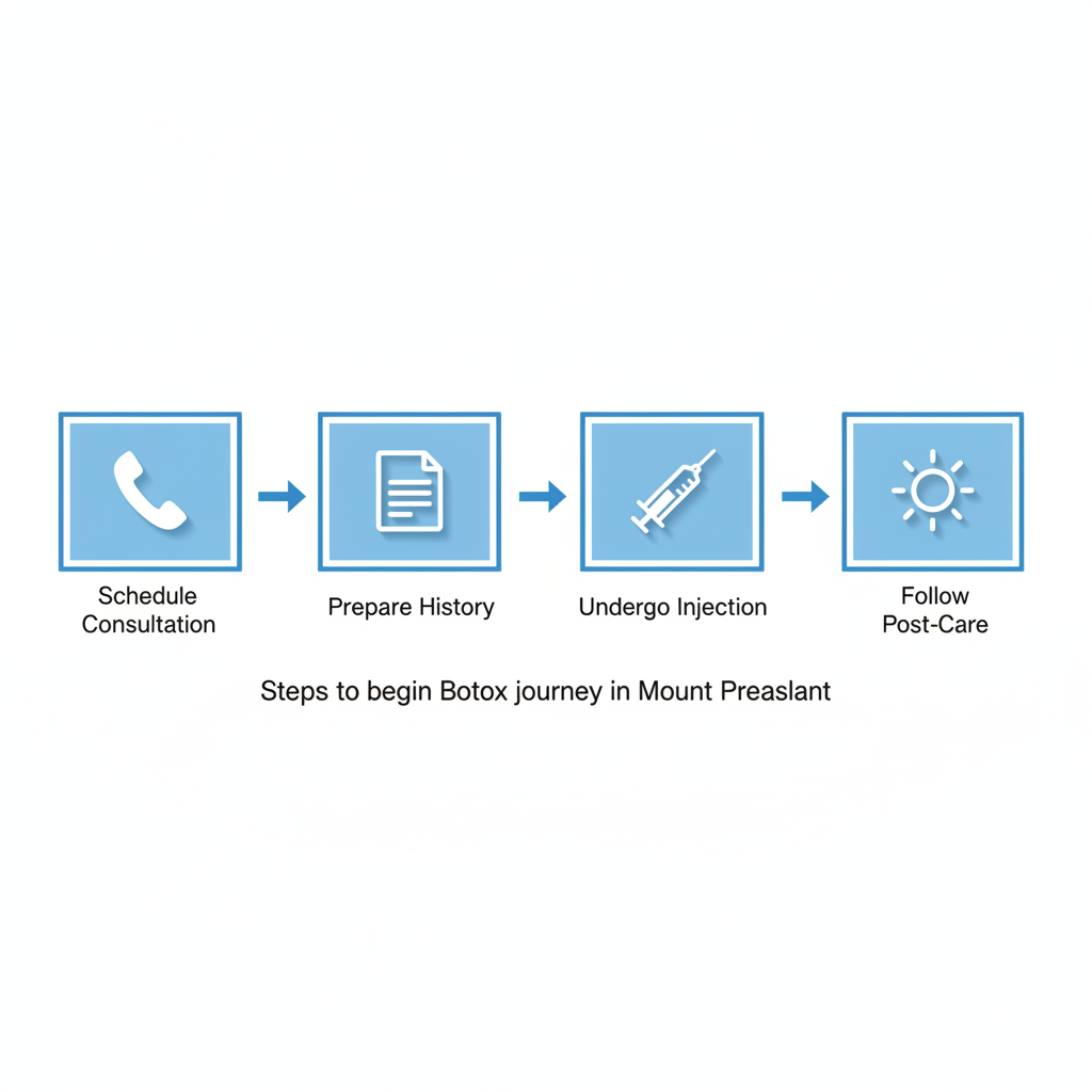 Horizontal process flow diagram showing four steps to start Botox treatment: schedule consultation, prepare medical history, undergo injection, and follow post-care instructions.