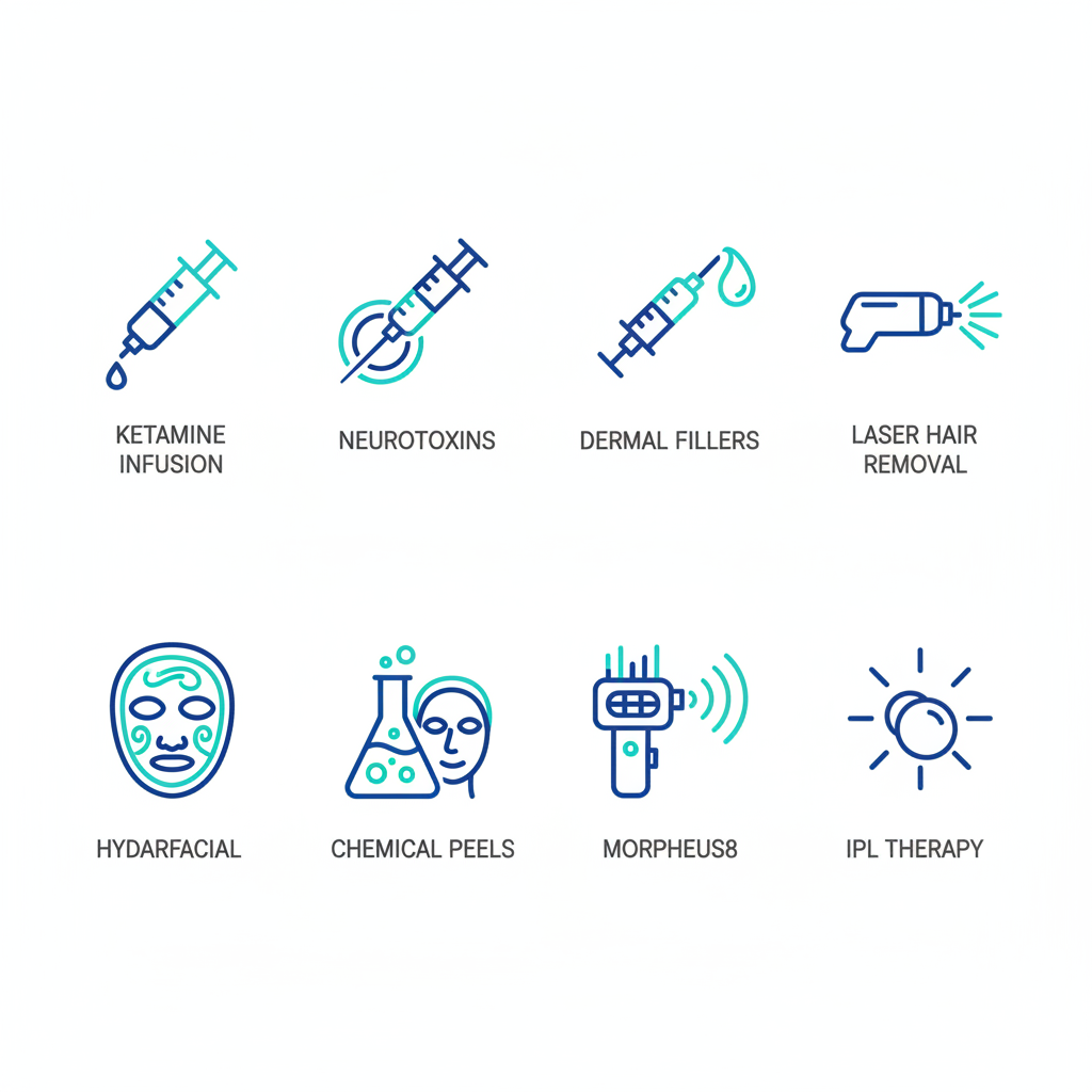 Grid of 8 icons illustrating comprehensive services including ketamine therapy, neurotoxins, dermal fillers, laser hair removal, HydraFacial, chemical peels, Morpheus8, and IPL therapy at Charleston Ketamine Center