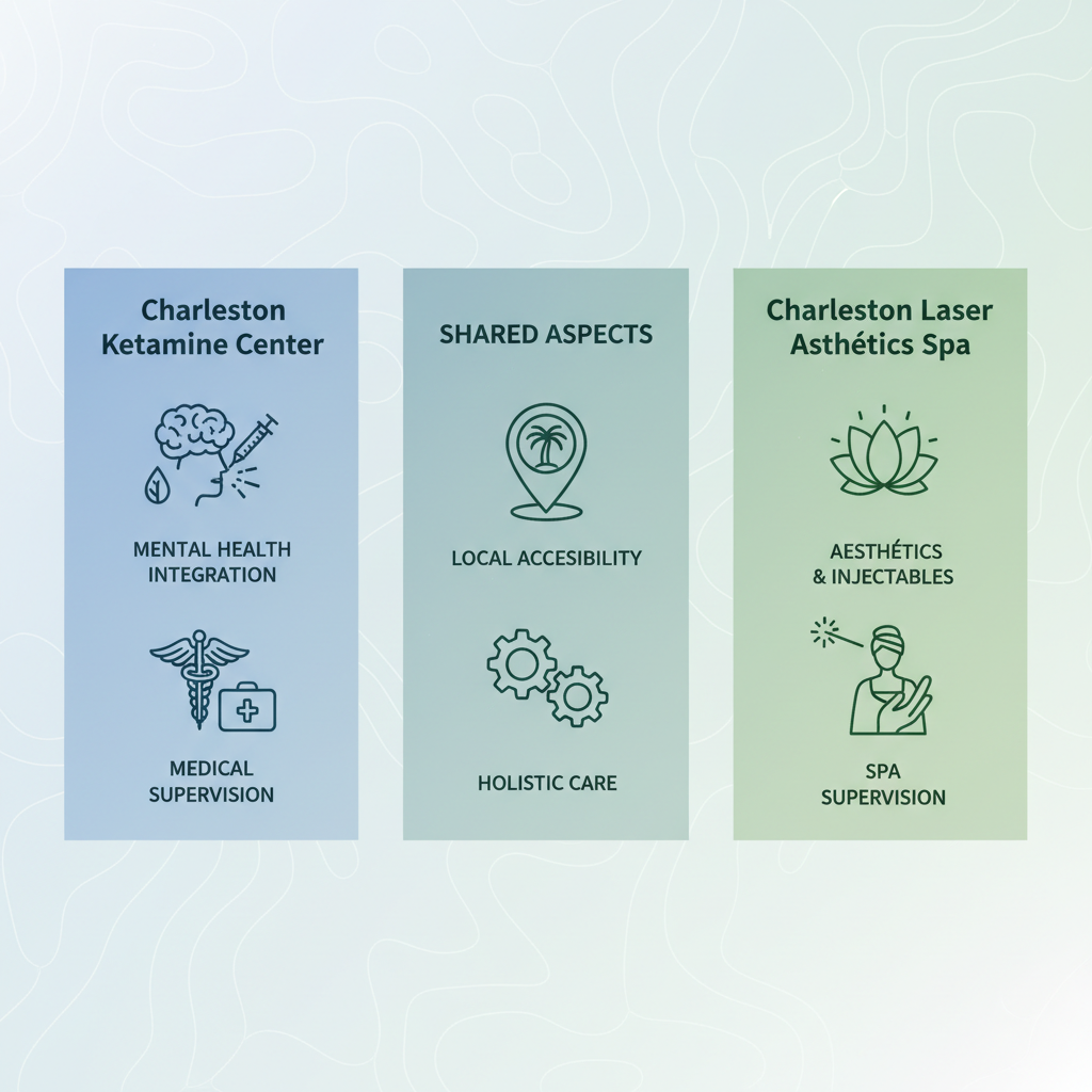 Infographic comparing wellness services of Charleston Ketamine Center and local aesthetics spa in Charleston region