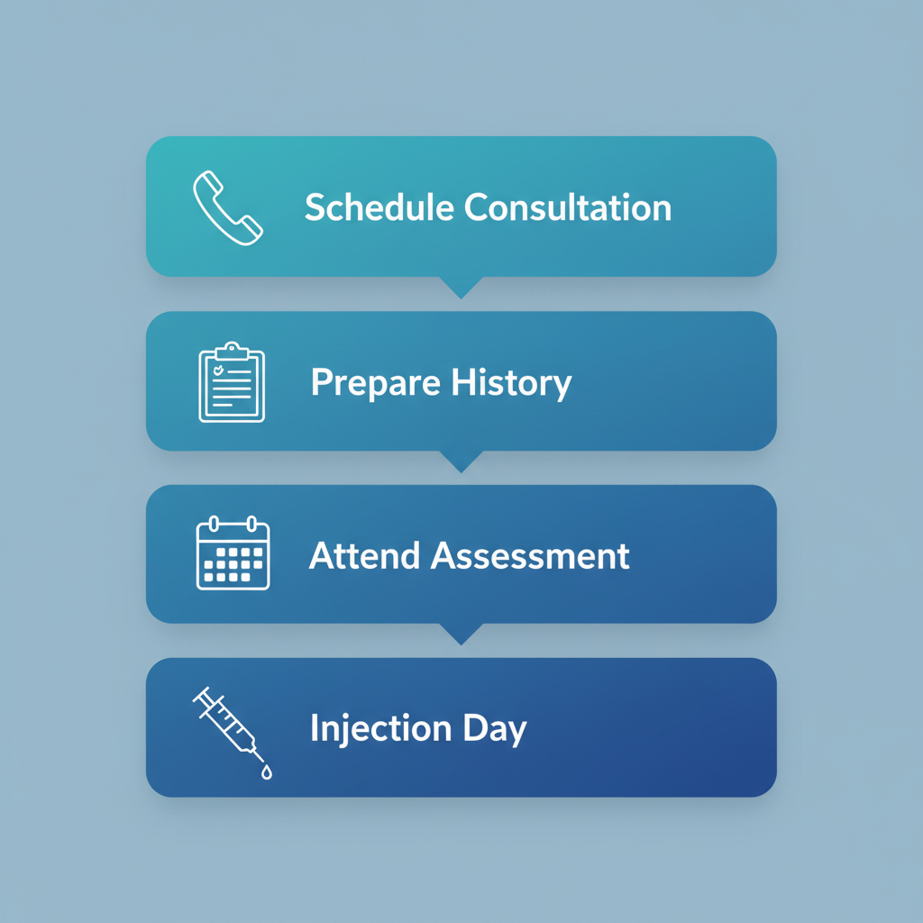 Vertical process flow illustrating steps to start Botox treatments: schedule consultation, prepare medical history, attend assessment, and injection day with icons.