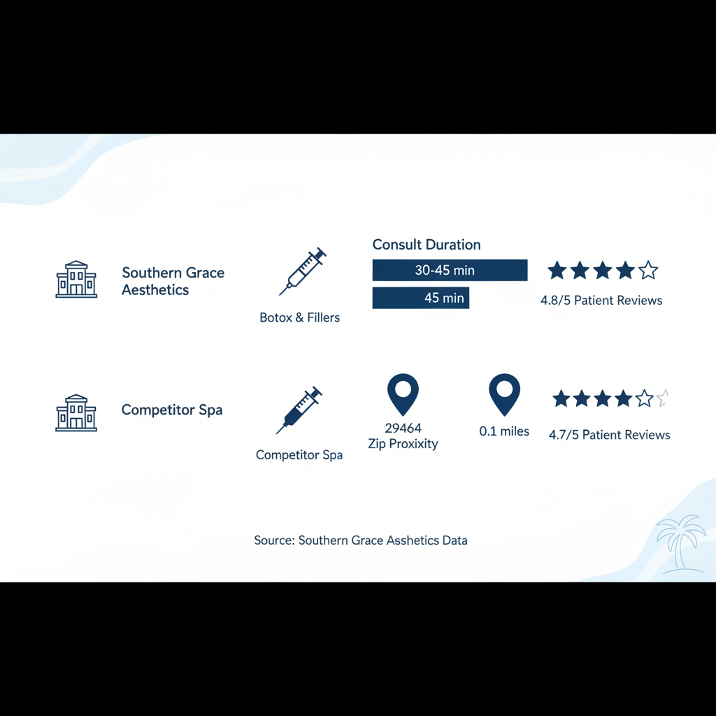 Infographic comparing aesthetic spas in Mount Pleasant with icons, treatment graphics, consult bars, location pins, and star ratings in blue and white.