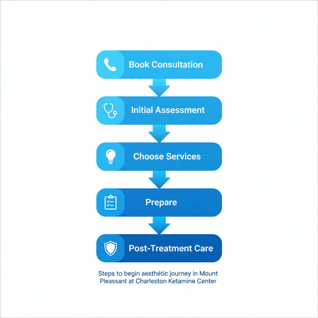 Vertical process flow diagram showing five steps to start aesthetic treatments: book consultation, initial assessment, choose services, prepare, and post-treatment care.