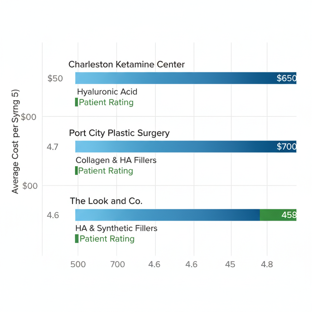 Horizontal bar chart comparing costs and ratings of lip injection providers in Charleston