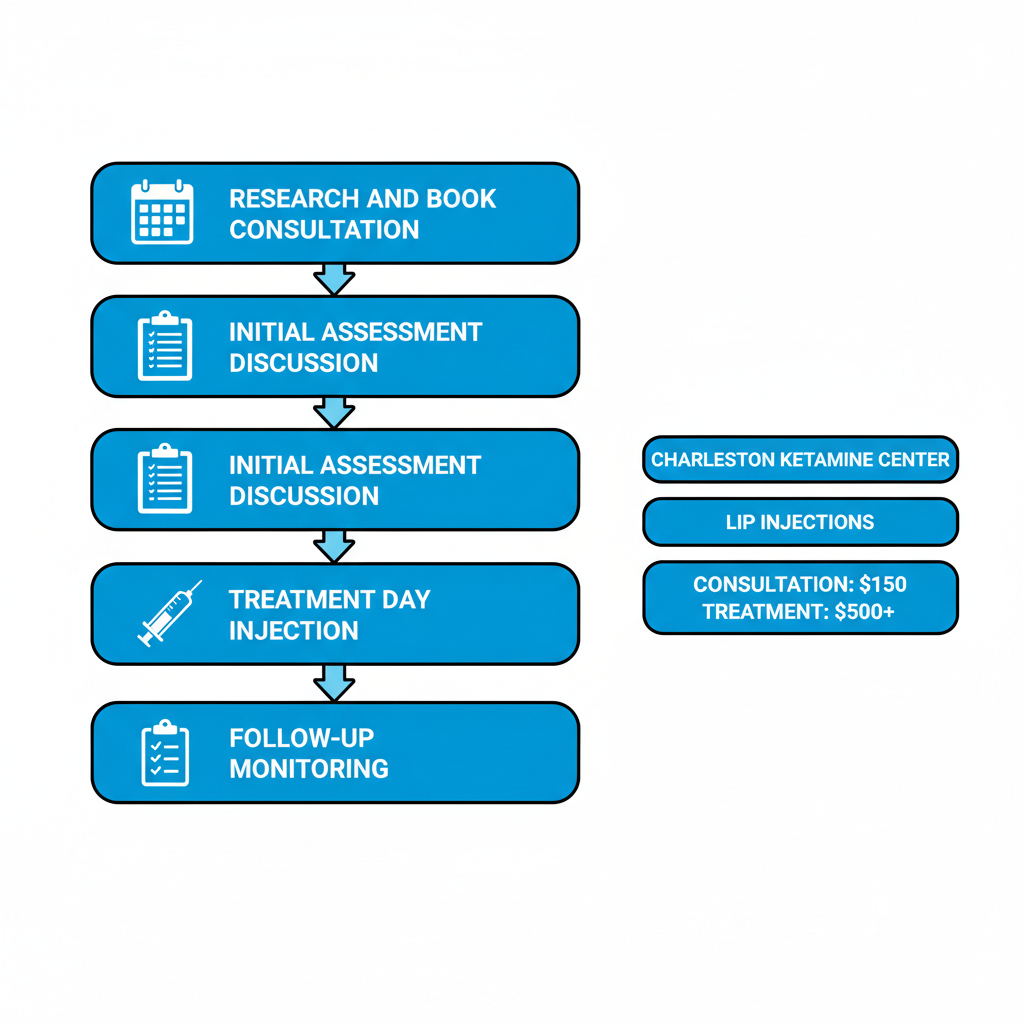 Vertical process flow illustrating four steps for getting lip injections at Charleston Ketamine Center: research and book, assessment, treatment, and follow-up.