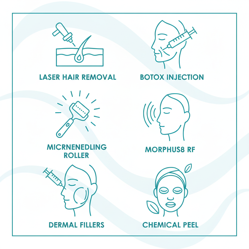 Grid of modern icons for key aesthetic treatments including laser hair removal, Botox, microneedling, Morpheus8, dermal fillers, and chemical peels.