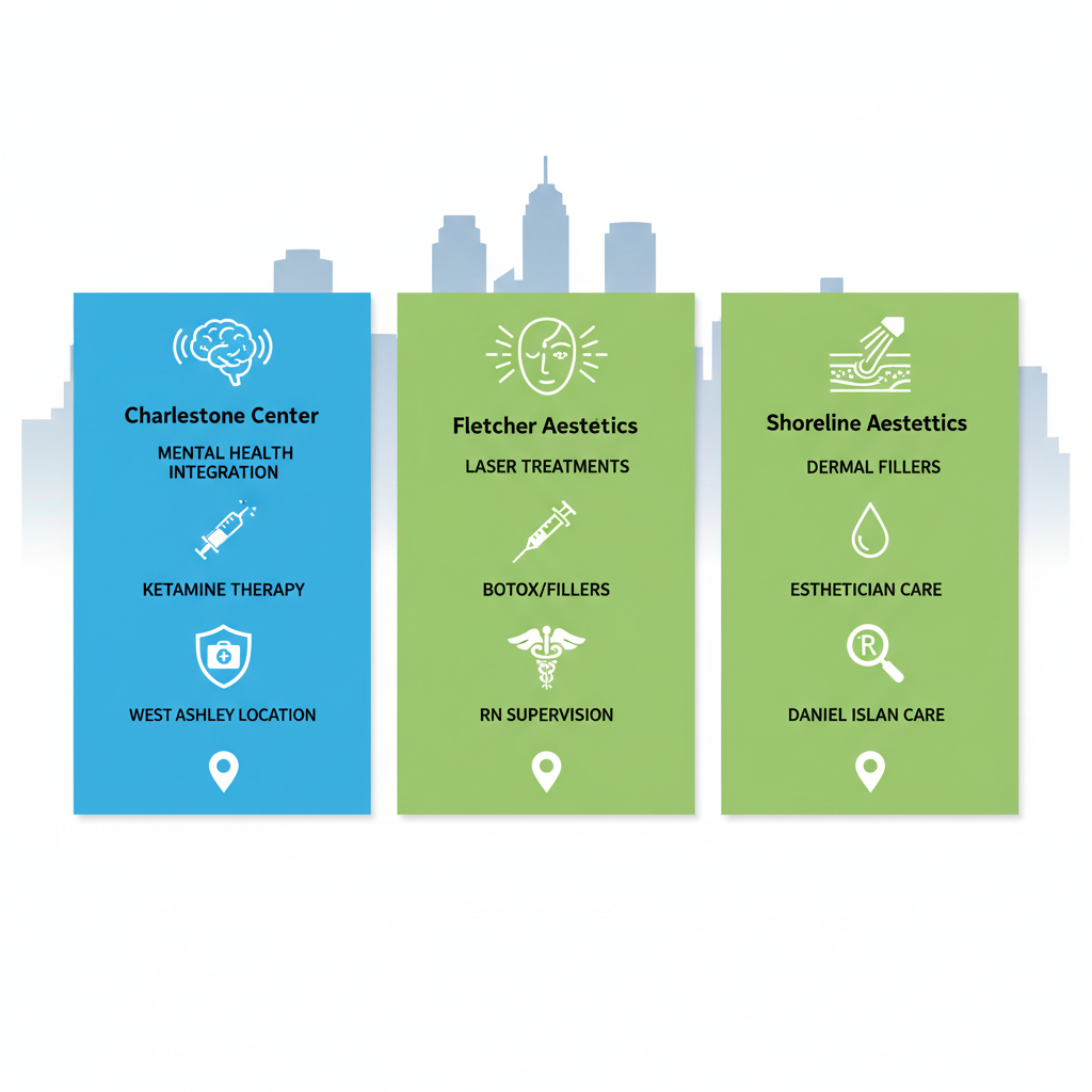 Infographic comparing aesthetic services at three Charleston providers: icons for lasers, Botox, supervision, mental health integration, and locations.