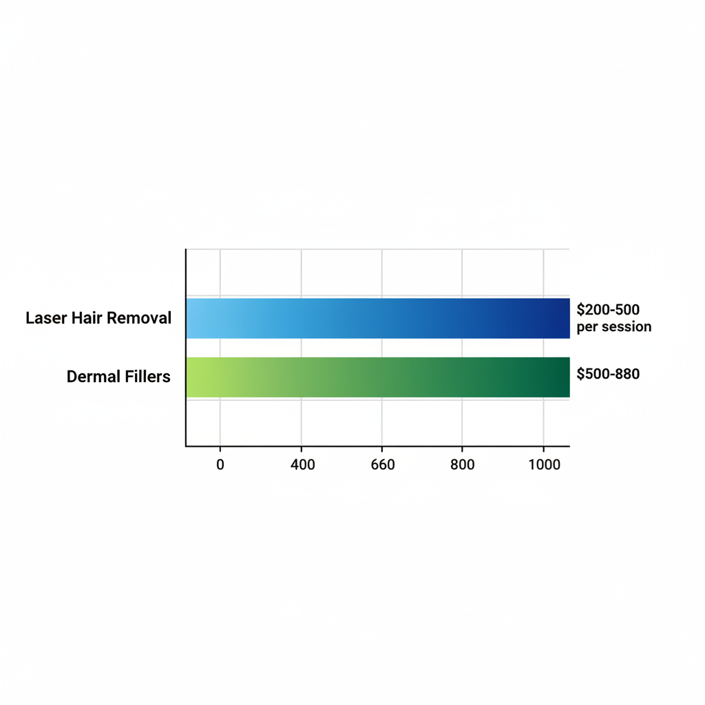 Bar chart of average costs for laser hair removal and dermal fillers in Charleston, with ranges $200-$500 and $500-$800 respectively.