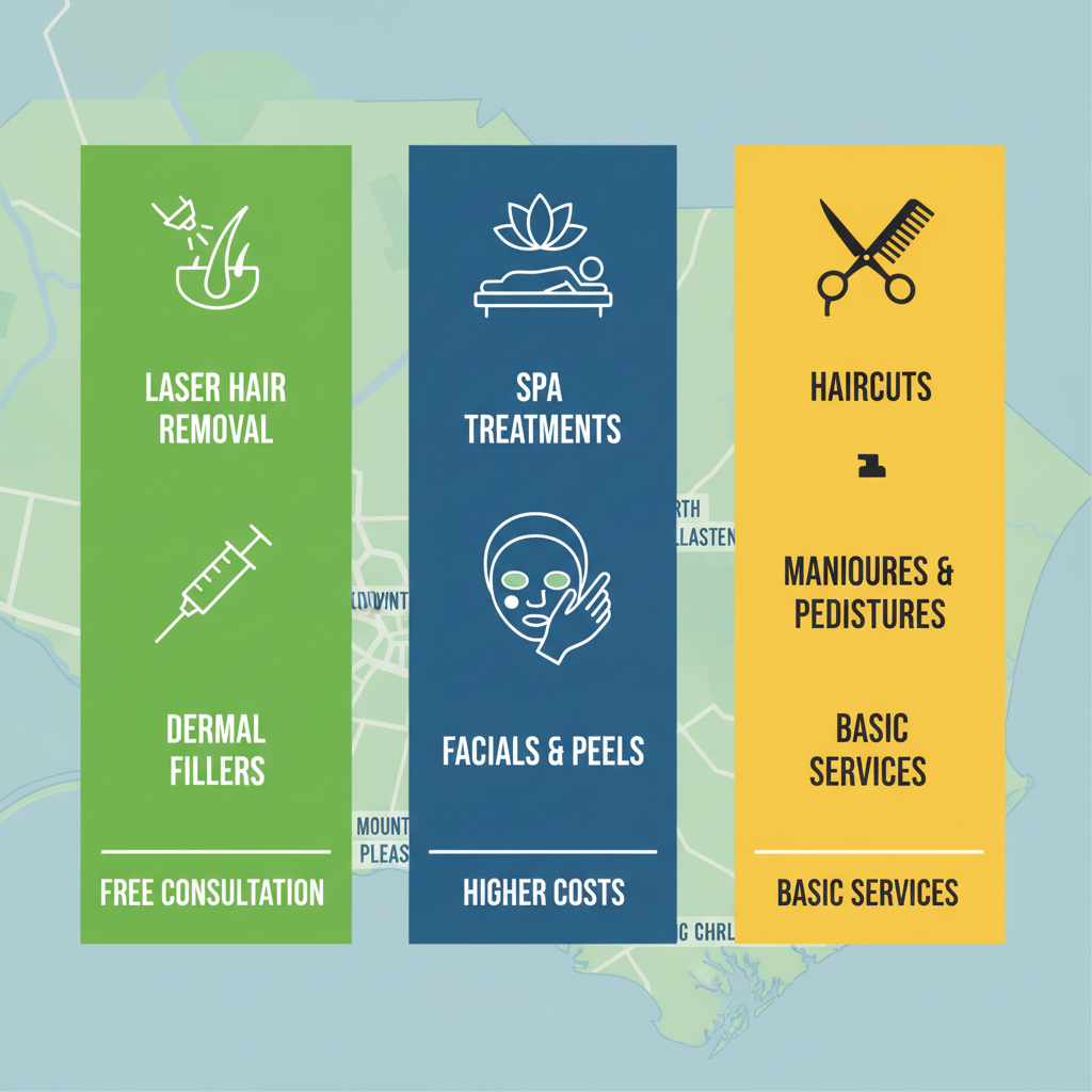 Infographic comparing aesthetic services in Mount Pleasant, Downtown Charleston, and North Charleston areas with icons and minimal labels.