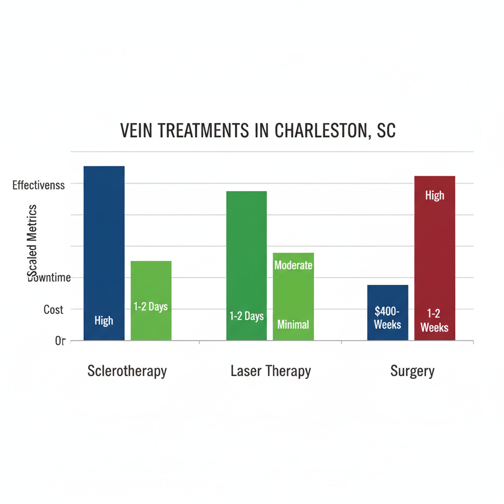 Bar chart comparing effectiveness, downtime, and cost of sclerotherapy, laser therapy, and surgery for vein treatments.