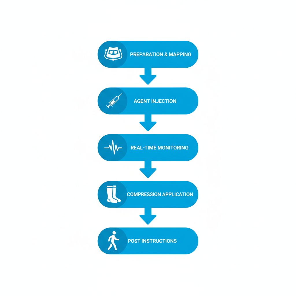 Vertical process flow diagram illustrating the five key steps of the sclerotherapy procedure with icons and brief labels