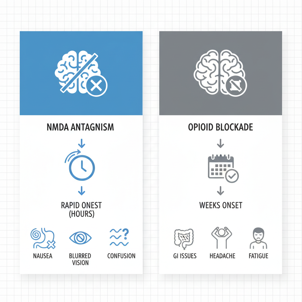 Infographic comparing ketamine infusion and traditional treatments for alcohol use disorder, with panels on mechanisms, onset times, and side effects.
