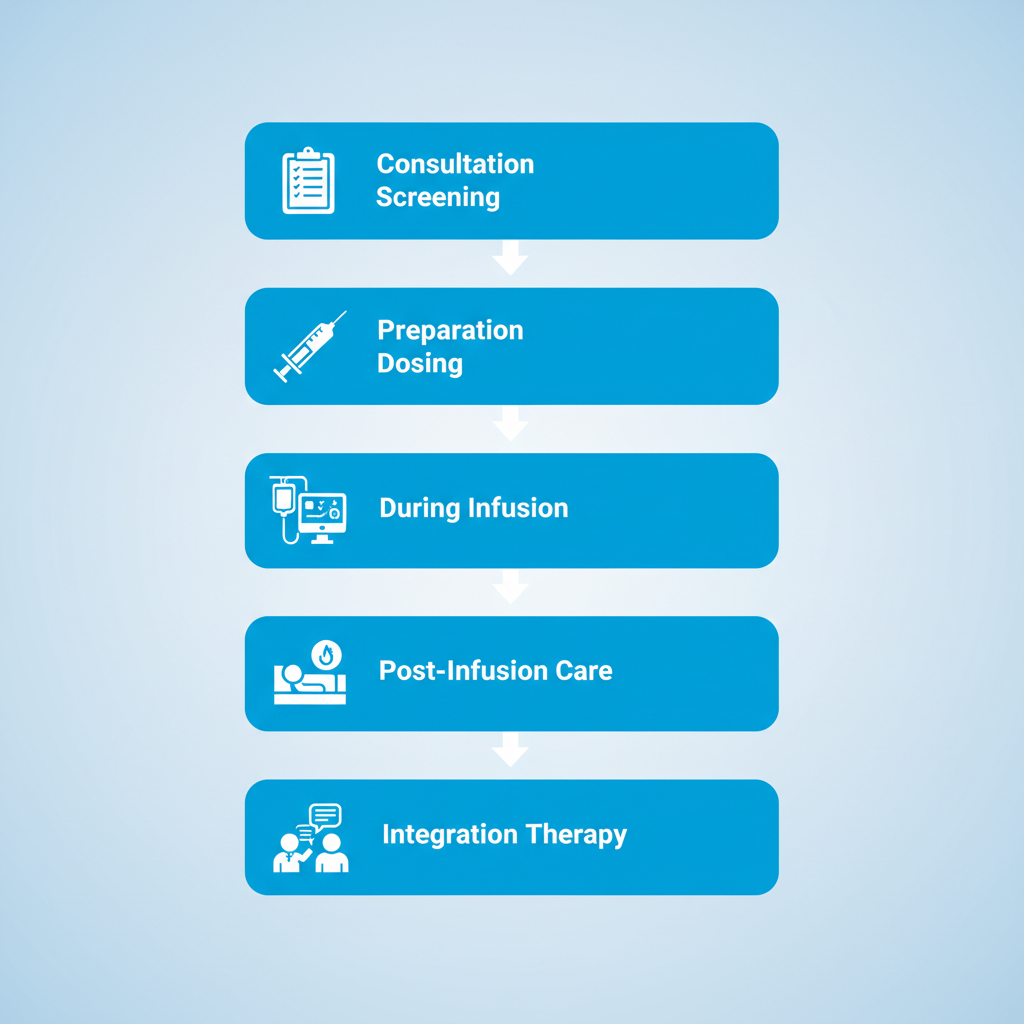 Vertical process flow diagram illustrating steps for ketamine infusion therapy for alcohol use disorder, featuring five stages with icons and minimal labels
