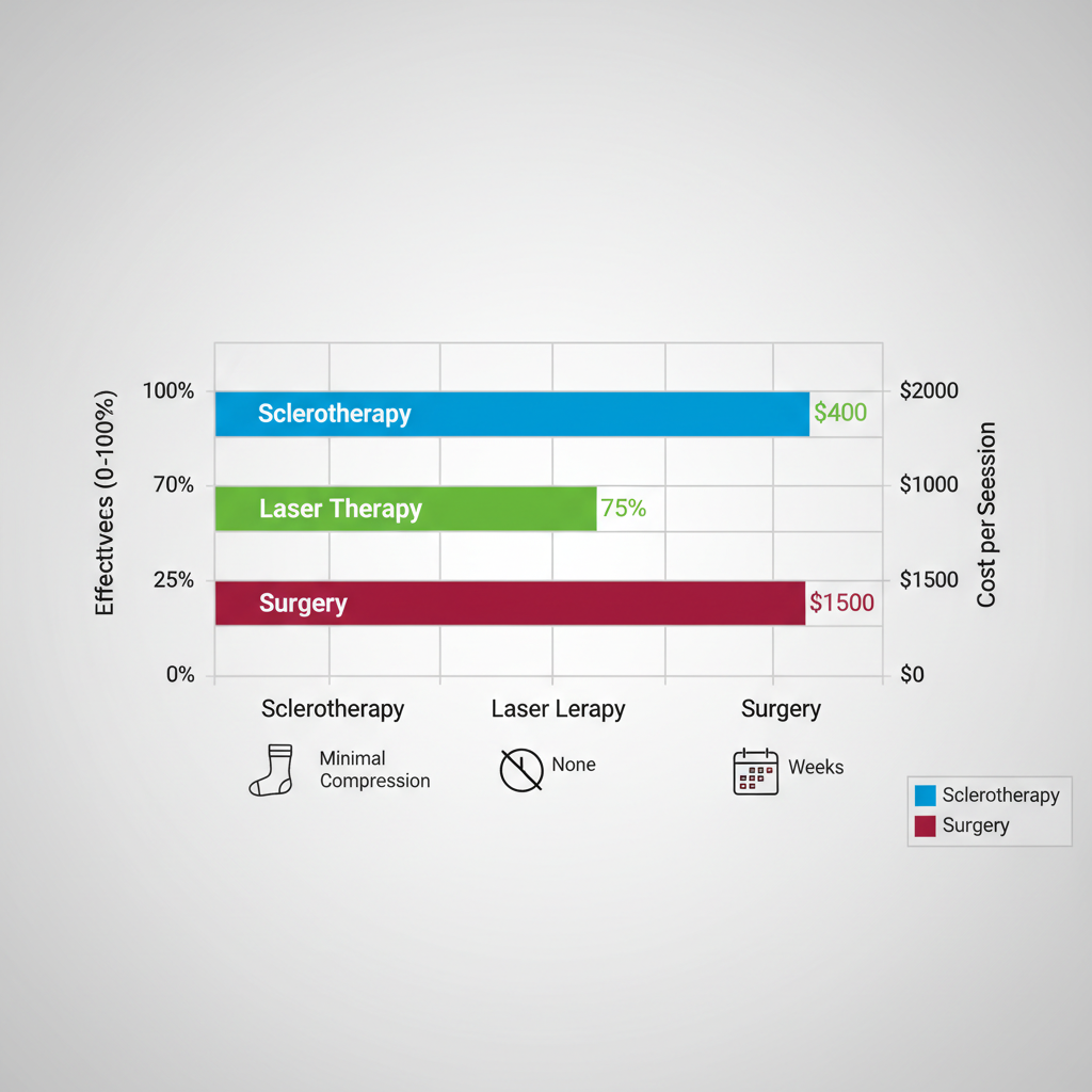 Horizontal bar chart comparing effectiveness, cost, and downtime of sclerotherapy, laser therapy, and surgery for spider vein treatments