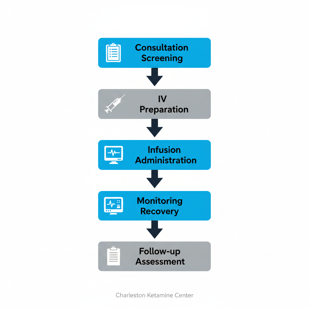Vertical process flow diagram of five stages in ketamine infusion protocol for PTSD treatment