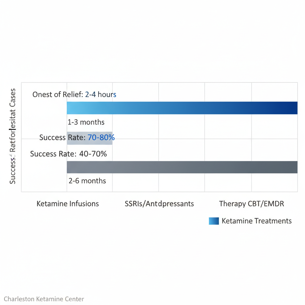 Horizontal bar chart comparing onset of relief and success rates of ketamine infusions versus traditional PTSD treatments like SSRIs and therapy.
